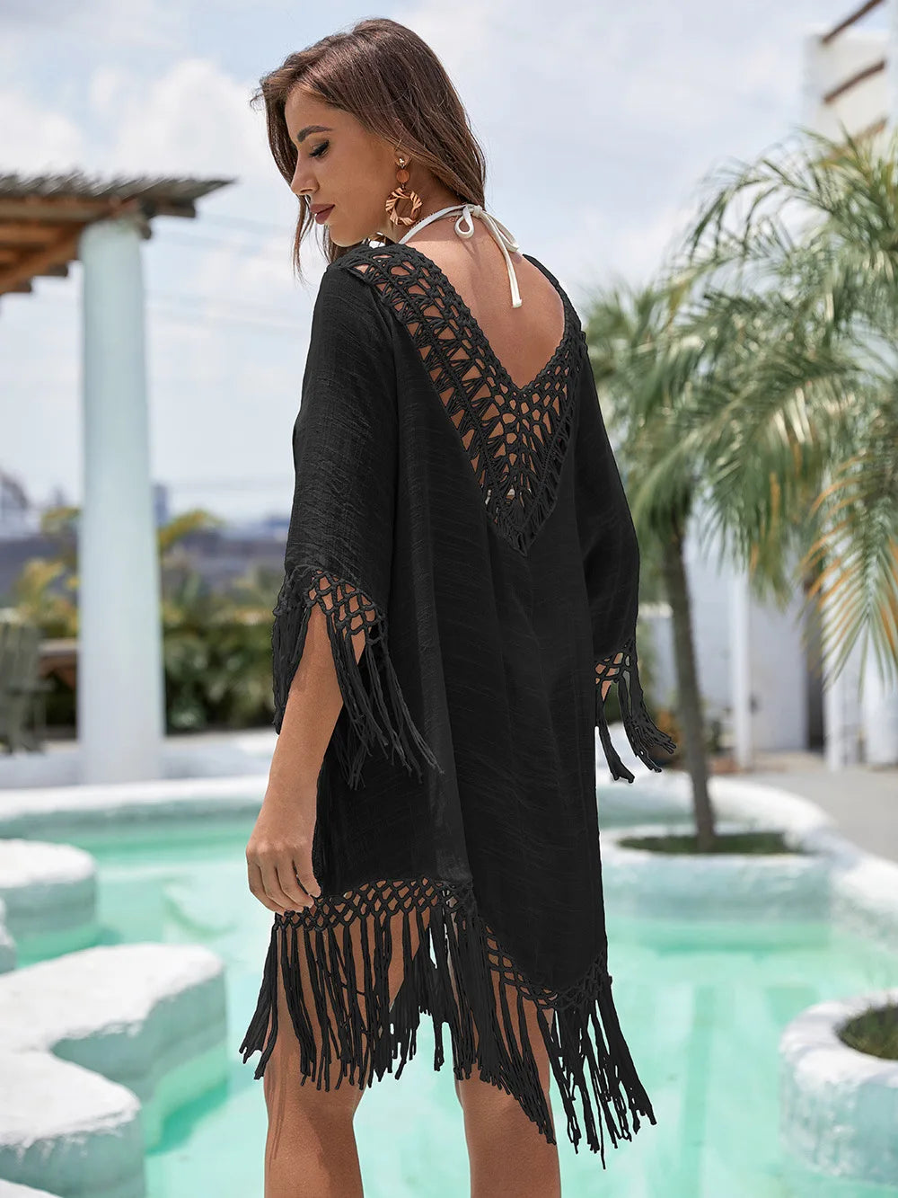 CROCHET BIKINI Women Lace Sheer Beach Dress Bikini Cover-Ups Casual Loose Cardigan Dress Kimono Summer Swimwear