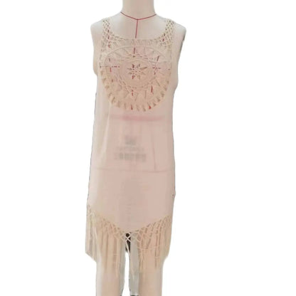 CROCHET BIKINI Women Beach Dress Cover-Ups Swimsuit Cover Up Ups Beachwear Beige Dresses Suit Swim Cape for Woman Summer