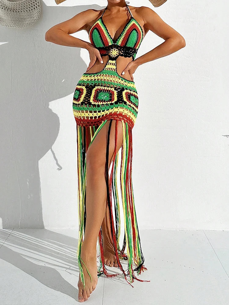 Women Summer Crochet Halter Deep V Neck Cover Ups Multicolor Swimsuit Long Tassel Bikini Knit Dress Cover-Ups Backless Beachwear