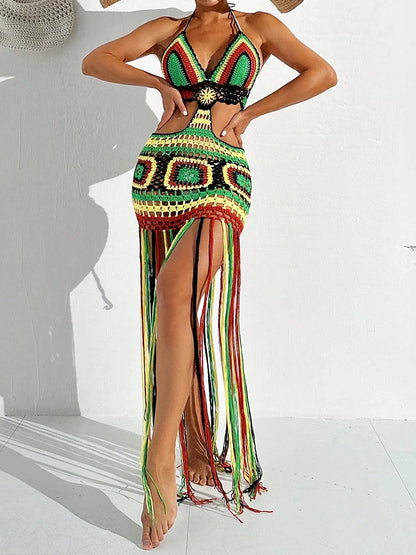 Women Summer Crochet Halter Deep V Neck Cover Ups Multicolor Swimsuit Long Tassel Bikini Knit Dress Cover-Ups Backless Beachwear